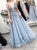 A Line Deep V Neck Dusty Blue Tulle Prom Dresses