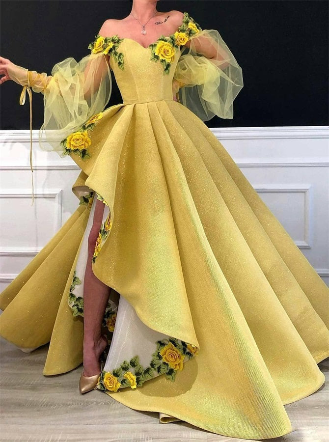 Ball Gown Yellow Long Sleeves Satin Prom Dresses