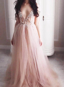 A Line V neck Tulle Split Backless Prom Dresses with Beadings 