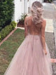 A Line V neck Tulle Split Backless Prom Dresses with Sweep Train