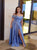 A Line Blue Off the Shoulder High Slit Satin Sweep Train Prom Dresses