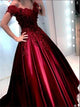 Short Sleeves Satin Red Prom Dresses with Appliques 