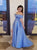 A Line Blue Off the Shoulder High Slit Satin Prom Dresses