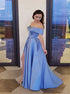 A Line Blue Off the Shoulder High Slit Satin Prom Dresses LBQ0734