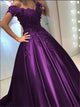 Off the Shoulder Ball Gowns Lace Backless Satin Prom Dresses