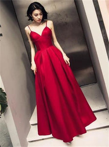 A Line Dark Red Straps Satin Floor Length Prom Dresses with Pleats