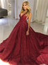 Sleeveless A Line V Neck Chapel Train Sequins Prom Dress LBQ0827