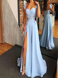 Blue A Line Sweetheart Satin Prom Dresses with Slit 