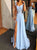 Blue A Line Sweetheart Satin Prom Dresses with Slit 