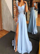 Blue A Line Sweetheart Satin Prom Dresses with Slit 