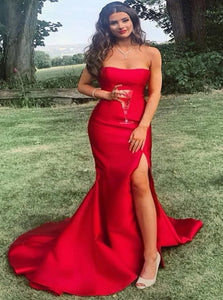 Mermaid Red Satin Prom Dresses with Slit 