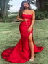 Mermaid Red Satin Prom Dresses with Slit LBQ1171
