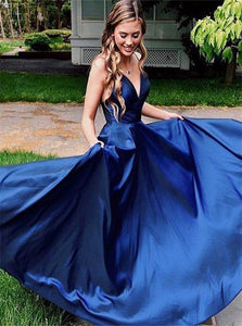 A Line Spaghetti Straps Navy Blue Prom Dresses with Pleats