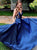 A Line Spaghetti Straps Navy Blue Prom Dresses with Pleats