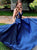 A Line Spaghetti Straps Navy Blue Prom Dresses with Pleats