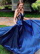 A Line Spaghetti Straps Navy Blue Prom Dresses with Pleats