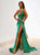 A Line V Neck Green Satin Prom Dresses with Split 