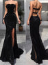 Strapless Long Mermaid Black Sequin Side Slit Prom Dresses LBQ0984