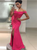 Fuchsia Satin Off Shoulder Long Prom Dresses with Slit