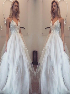 A Line V Neck Sleeveless Appliques Tulle Ivory Prom Dresses