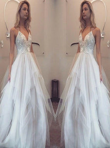 A Line V Neck Sleeveless Appliques Tulle Ivory Prom Dresses