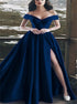Off the Shoulder Navy Blue Satin Split Prom Dresses LBQ0946