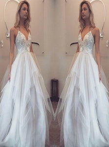 A Line Tulle Ivory Prom Dresses with Sweep Train