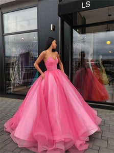 Ball Gown Floor Length Organza Pink Prom Dresses with Pleats 