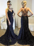 V Neck Black Mermaid Beadings Tulle Prom Dresses LBQ1226