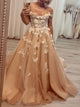 Off the Shoulder Tulle Appliques Sweep Train Prom Dresses