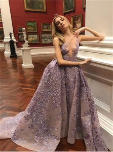  A Line Purple Sleeveless Prom Dresses