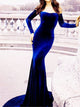 Long Sleeves Navy Blue Velvet Prom Dresses with Sweep Train
