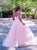 Pink Ball Gown Tulle  V Neck Cap Sleeves Open Back Prom Dresses