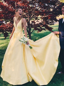 V Neck Yellow Satin A Line Open Back Sweep Train Prom Dresses 
