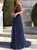 Blue Spaghetti Straps V Neck Backless Prom Dresses