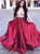 Sexy V Neck Burgundy Beadings Satin Sweep Train Prom Dresses