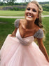 Pink Ball Gown Tulle  V Neck Prom Dresses LBQ0695