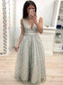 A Line V Neck Tulle Floor Length Prom Dresses LBQ0920