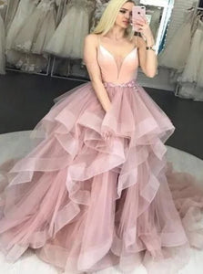Pink Tulle Ruffles Ball Gown Prom Dresses