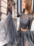 Black Two Pieces Long Sleeves Tulle Prom Dresses LBQ0921