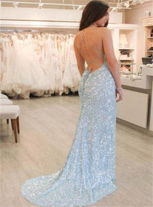Sleeveless Sequin Lace Up Mermaid Prom Dresses with Sweep Train