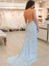 Pale Blue Sequin Spaghetti Strap Mermaid Prom Dresses LBQ1294