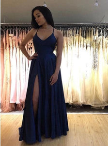 A Line V Neck Royal Blue Slit Prom Dresses with Sweep Train