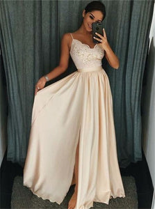A Line Satin Beadings Prom Dresses with Slit
