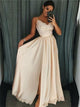 A Line Satin Beadings Prom Dresses with Slit