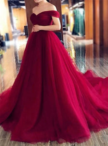 Off The Shoulder Tulle A Line Red Prom Dresses with Pleats