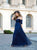 A Line Off the Shoulder Chiffon Half Sleeves Navy Blue Prom Dresses