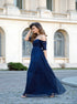 A Line Off the Shoulder Chiffon Half Sleeves Navy Blue Prom Dresses LBQ0739