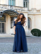 A Line Off the Shoulder Chiffon Half Sleeves Navy Blue Floor Length Prom Dresses