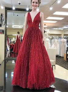 Deep V Neck Tulle Red Prom Dresses with Sequins